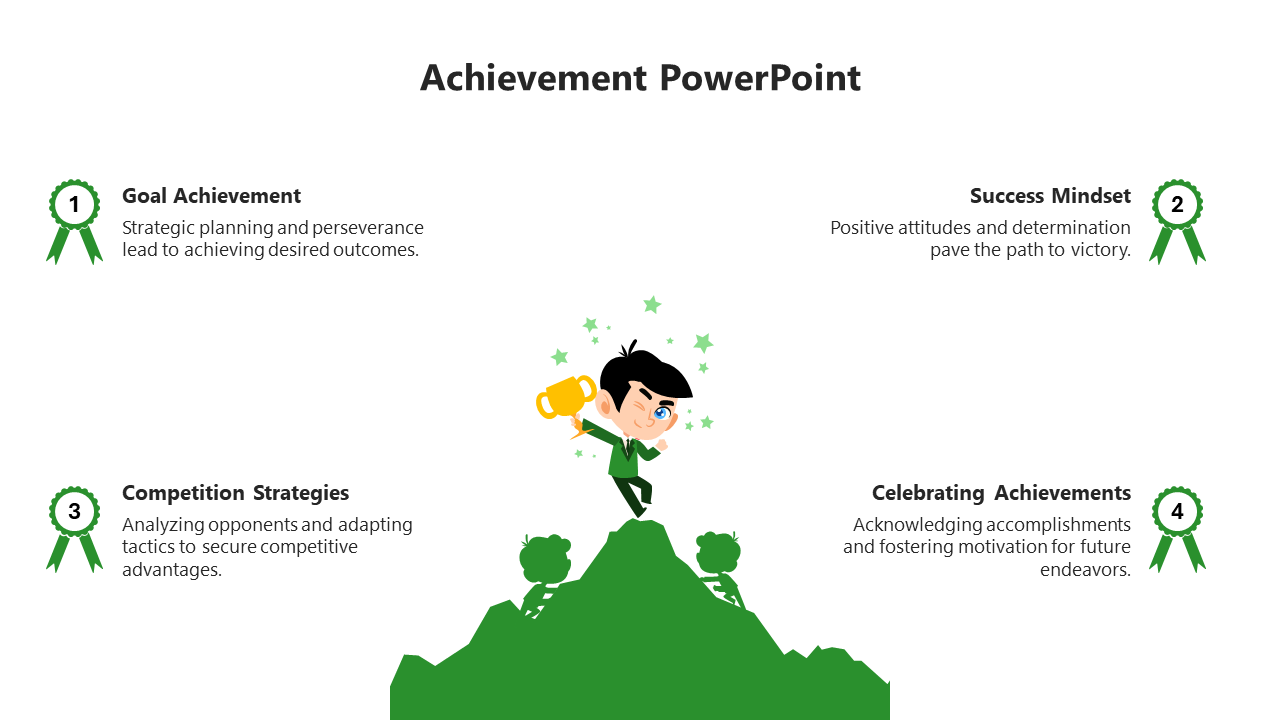 Achievement themed slide featuring a cartoon character on a peak holding a trophy, with four key strategy and green ribbons.