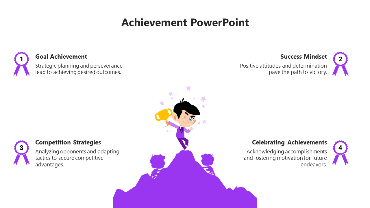 Achievement PowerPoint slide with a character holding a trophy on top of a mountain, showcasing four sections.