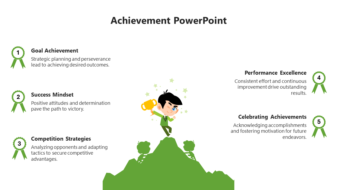 Slide on achievements with a central illustration of a person holding a trophy on a mountain surrounded by five topics.