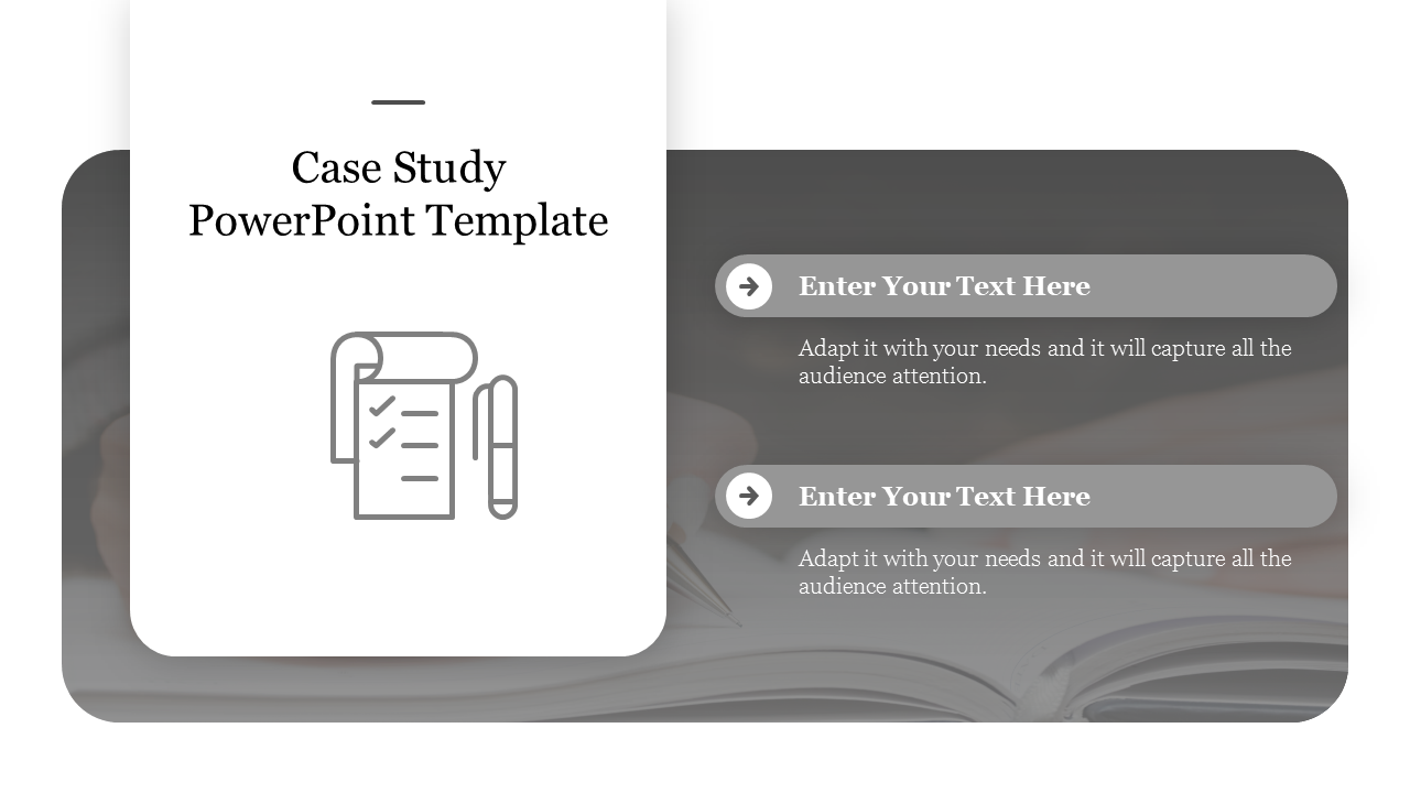 Case study layout with white rectangular card on gray background, featuring two text boxes with icons.