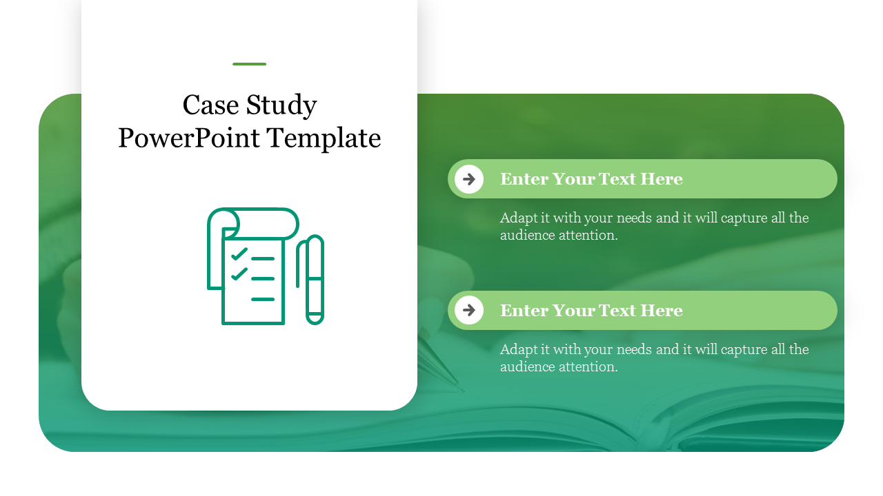 Case study slide design with a teal gradient header and three numbered green circles for step-by-step captions.