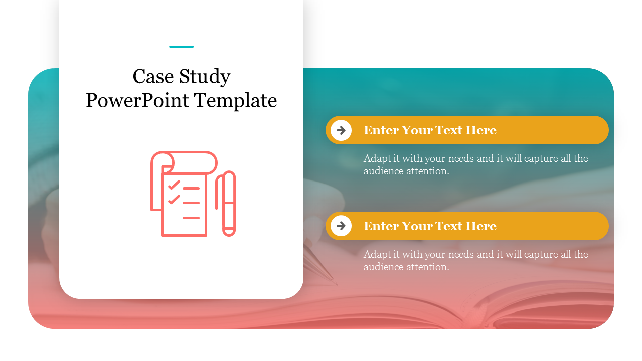 Case study slide with a gradient background of teal and pink, featuring two orange buttons with text placeholders.