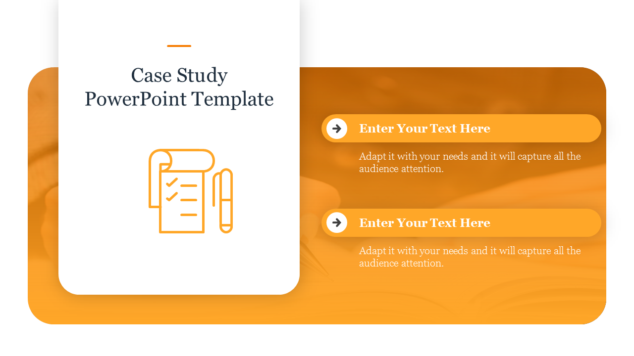 White vertical card over orange gradient rectangle with two horizontal sections, including icons and text placeholders.