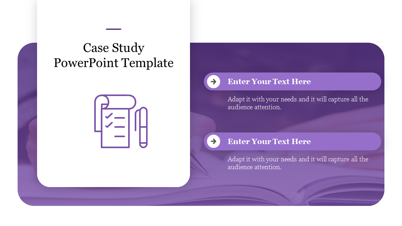 Modern slide layout with a white card, on purple background, and two text areas with icons for case study content.