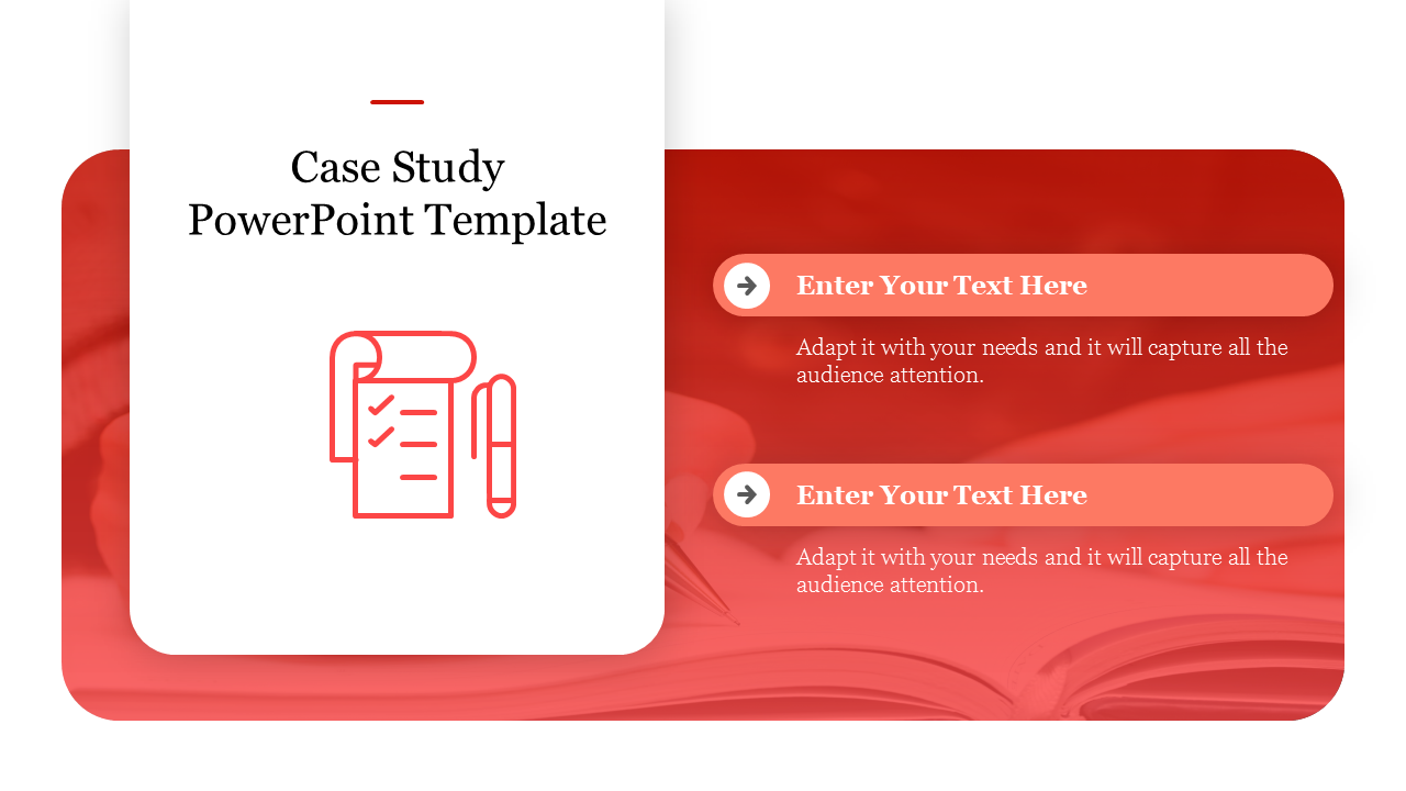 Case study layout with a red gradient background, featuring white card on the left, and two horizontal text bars.