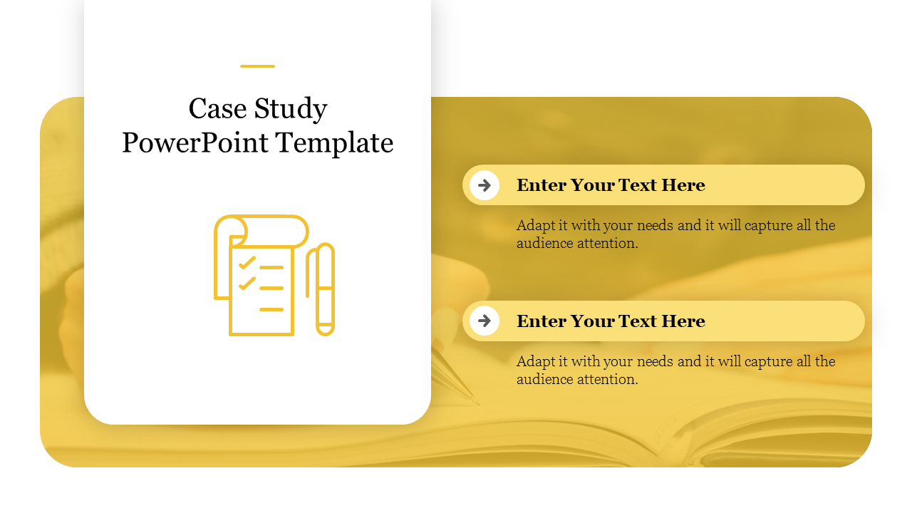 Yellow and white case study template with a checklist graphic, text placeholders, and arrow icons.