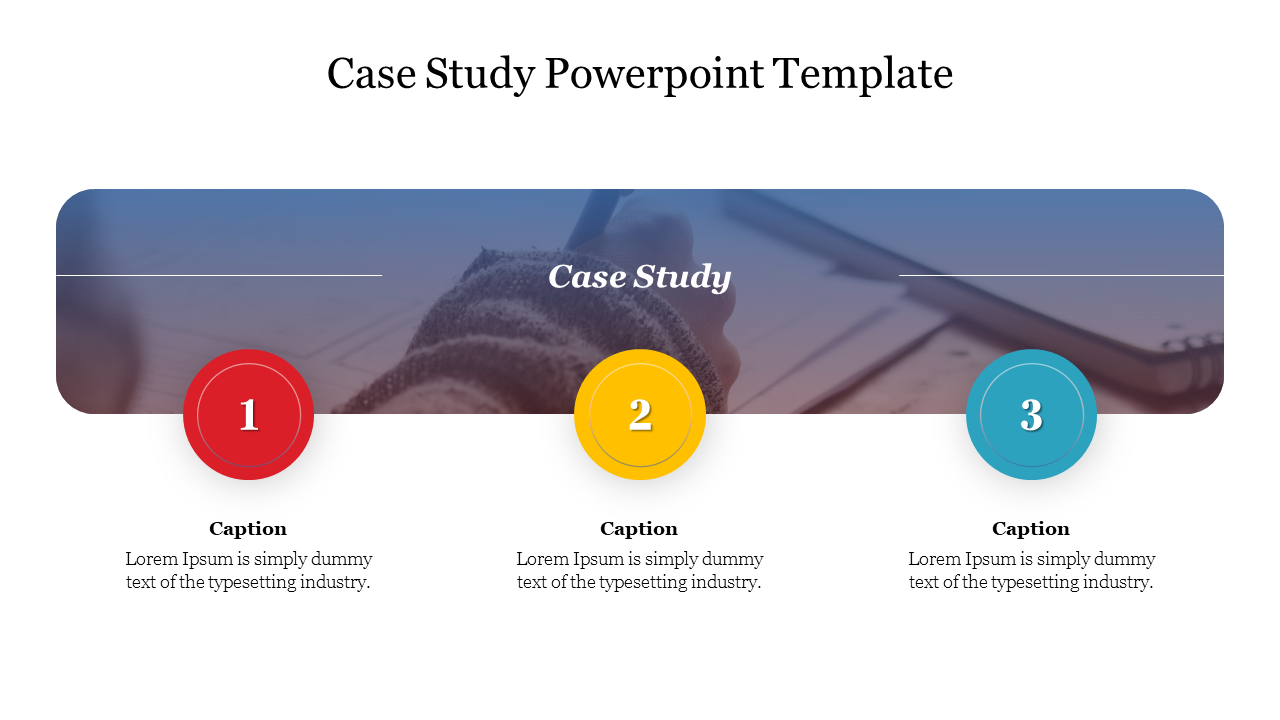 Case study  slide with a gradient-themed header, central  title, and three steps labeled 1, 2, and 3 with captions areas.