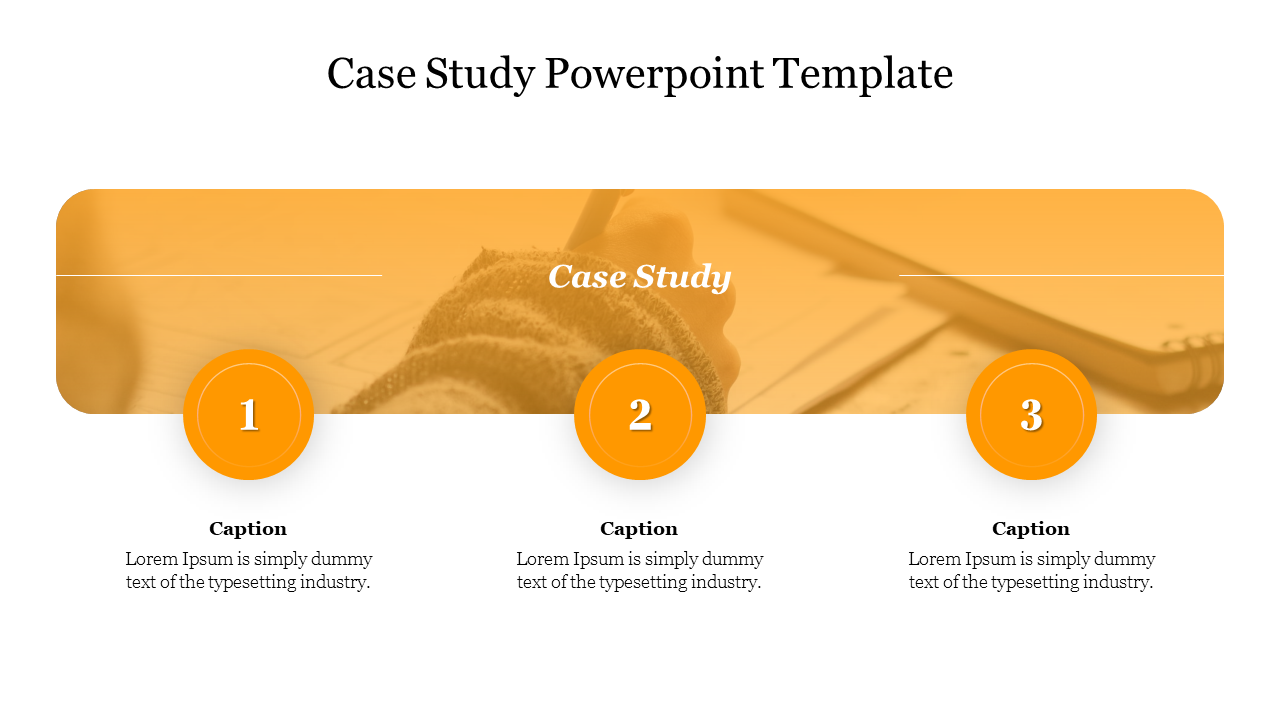 Orange themed case study PowerPoint template with three numbered sections, each containing a caption and icon.