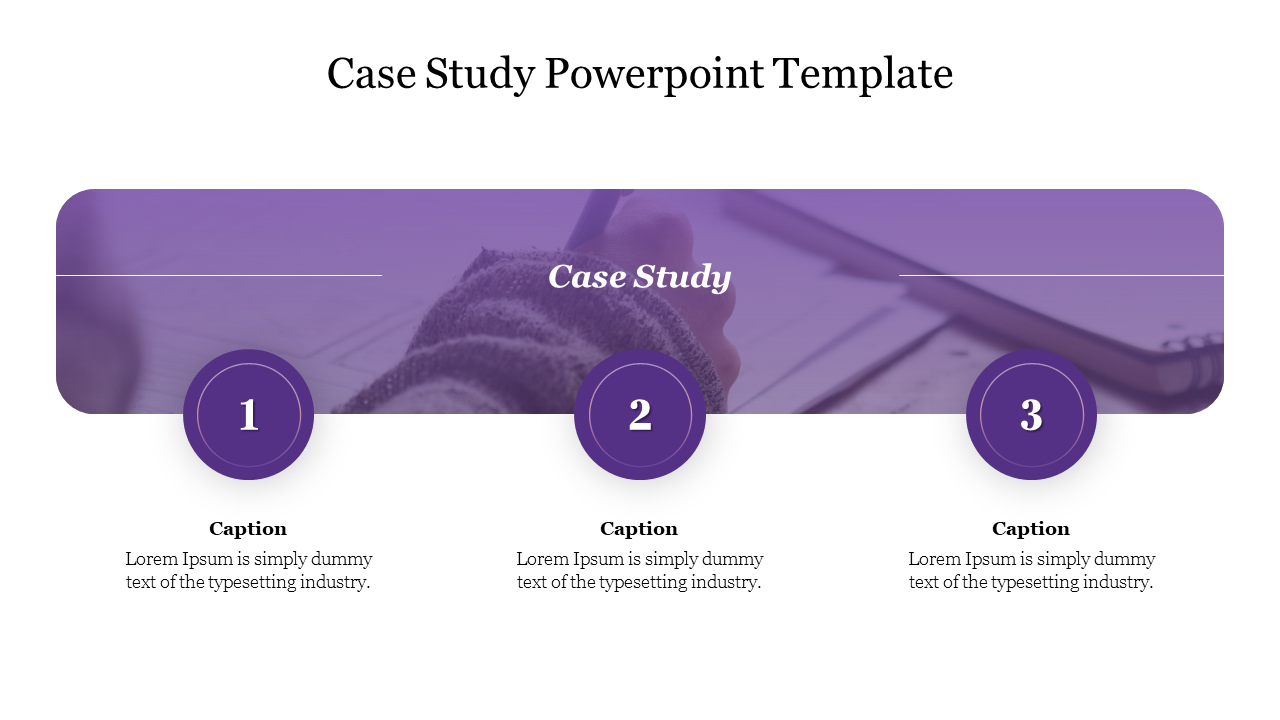 Case study PowerPoint slide with a purple header section and three numbered points below, each with a caption placeholder.