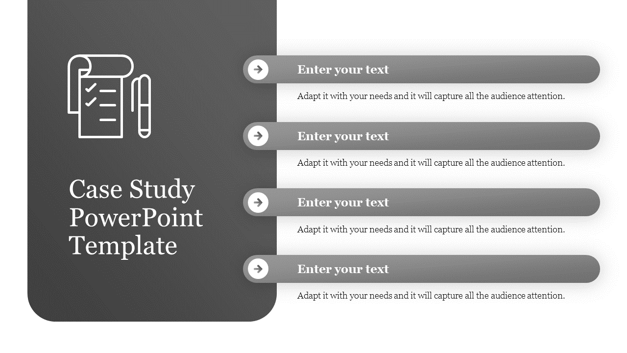 Case study template with four gray text placeholders, each with a right arrow icon in a white backdrop.