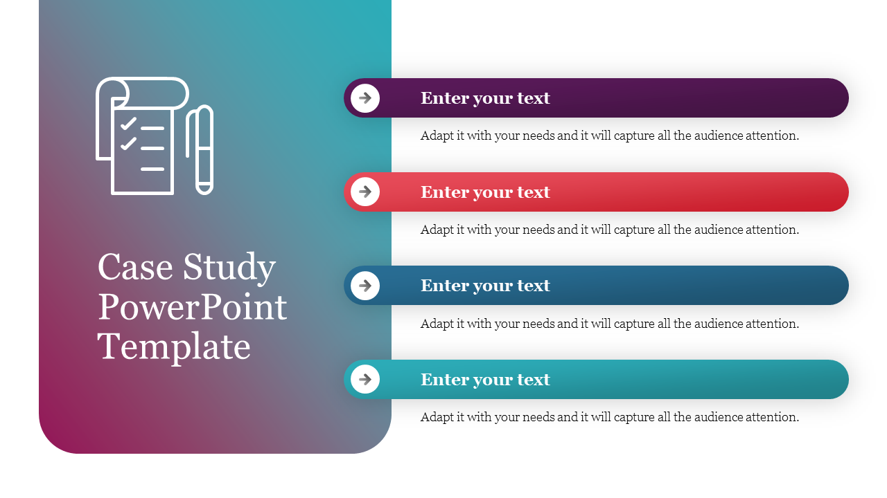 Case study template with a checklist icon on the left, gradient background, and four colored text bars.