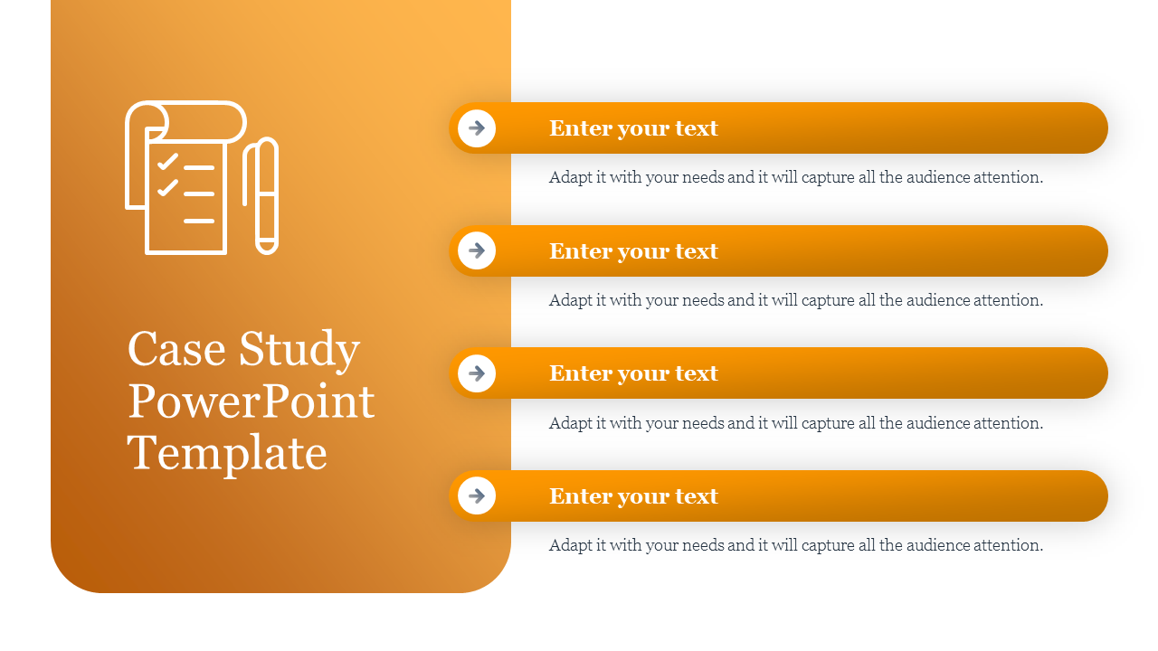 Case study template showing four orange arrow bars with placeholder text areas aligned vertically.