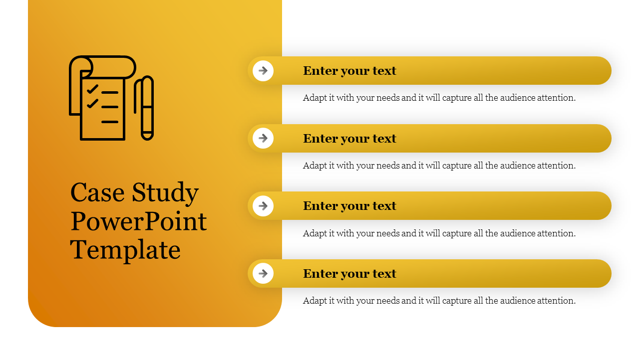 Yellow to white gradient background with a document icon and four horizontal gold text bars with arrows, on the right.