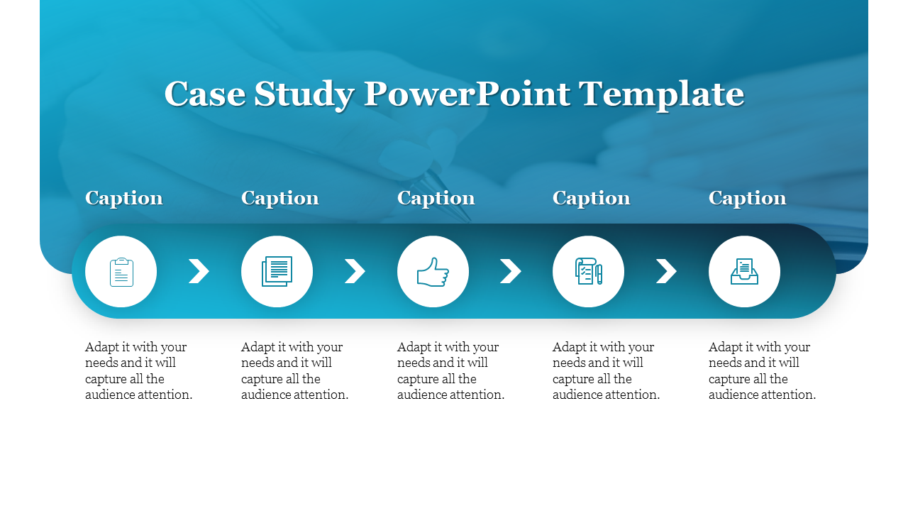 Case study PowerPoint template with a blue gradient background and a sequence of five circular icons for each caption step.