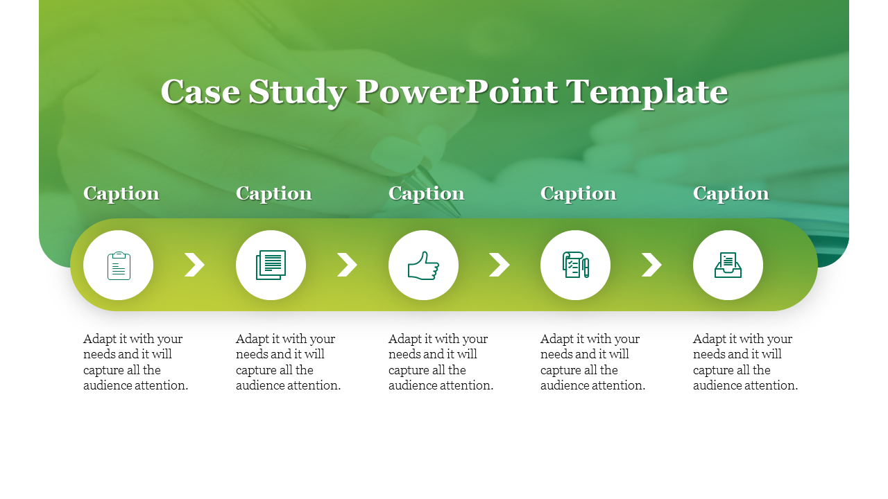 Green gradient background with a horizontal flow of five circular icons, captions, and description text below each.