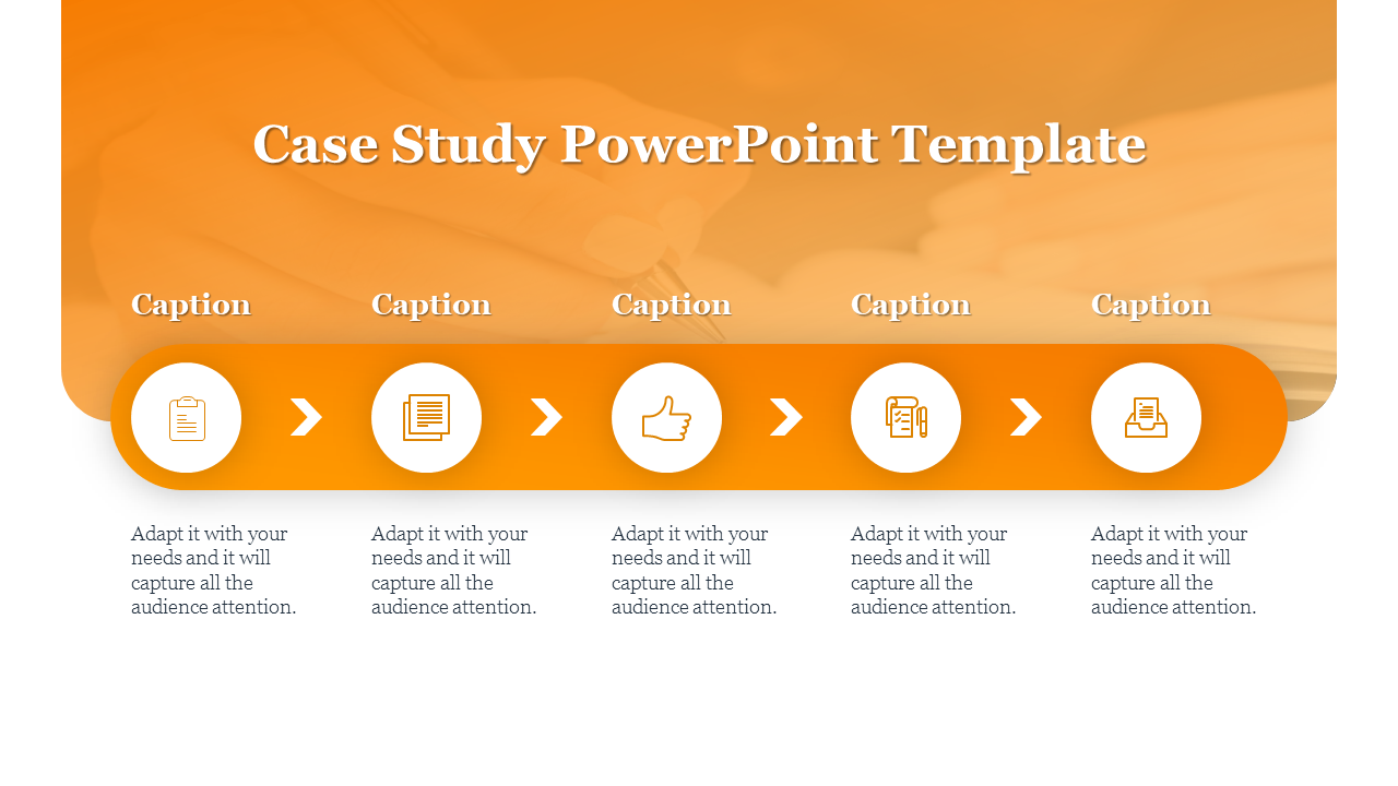 Case study slide with a horizontal orange bar featuring five white circular icons, arrows, and captions below.