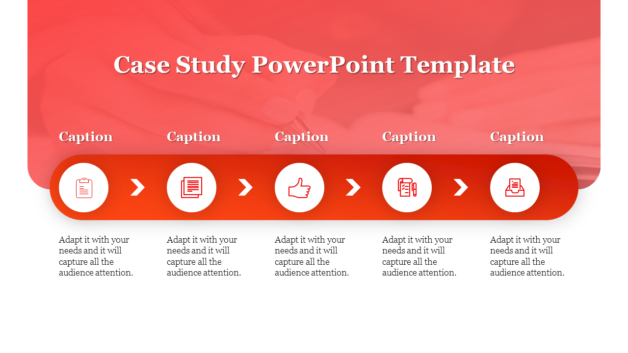 Case study layout featuring a prominent title, five circular graphic indicators, and placeholder text areas.