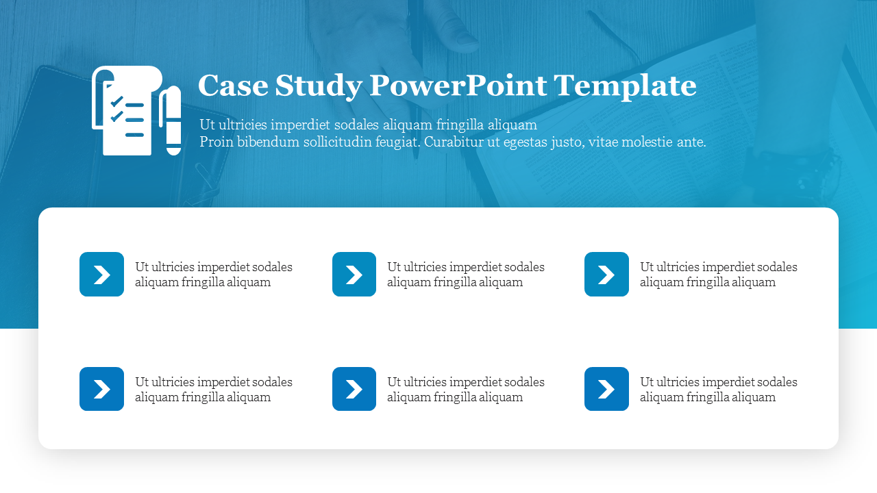 Case study slide showing a checklist icon, header text, and a white area with six blue arrow icons and text.