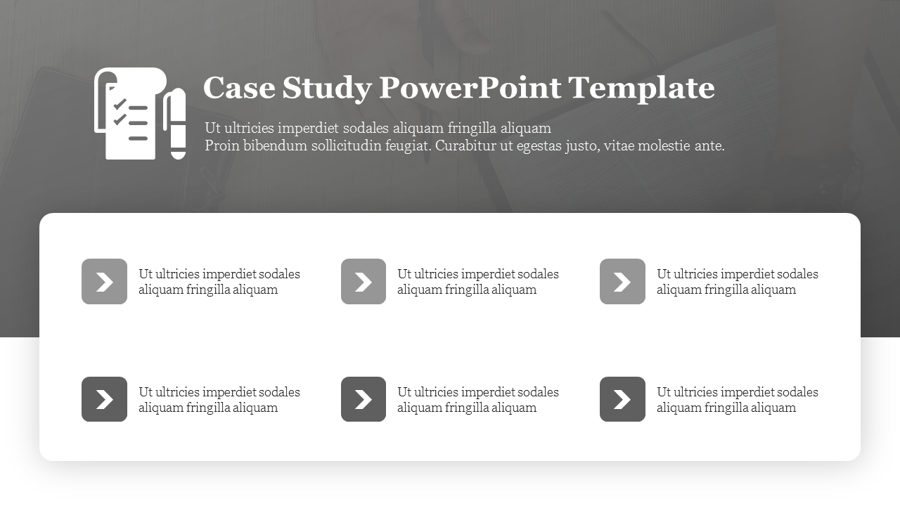 Case study PowerPoint slide with a document icon, text blocks, and arrow icons for layout structure.