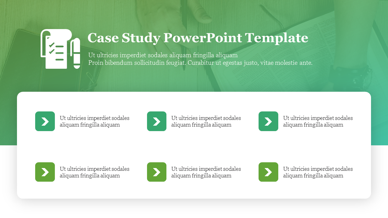 case study layout with a writing graphic and multiple placeholder text areas designed for audience engagement.