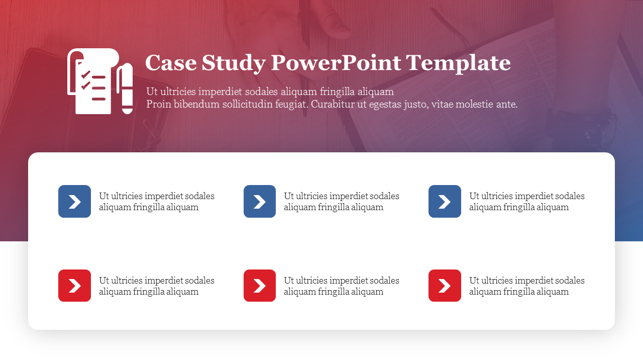 Case study PowerPoint slide with arrows and colorful sections for presenting different steps.