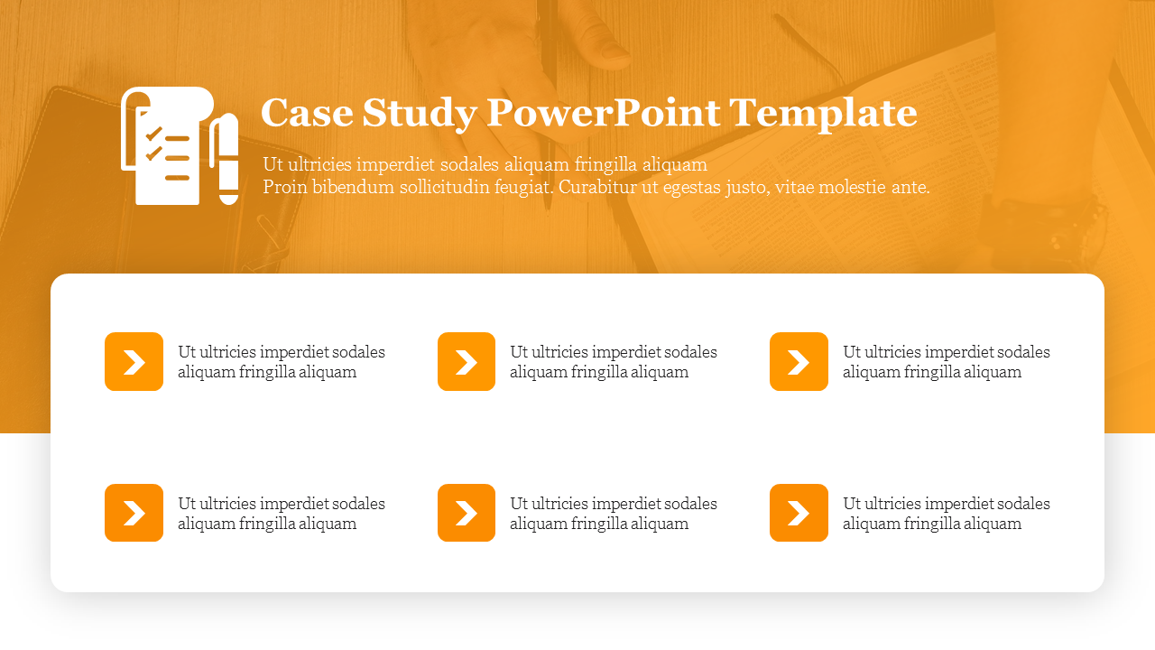 Case study slide featuring six orange buttons with white arrows, aligned in two rows for audience text input.