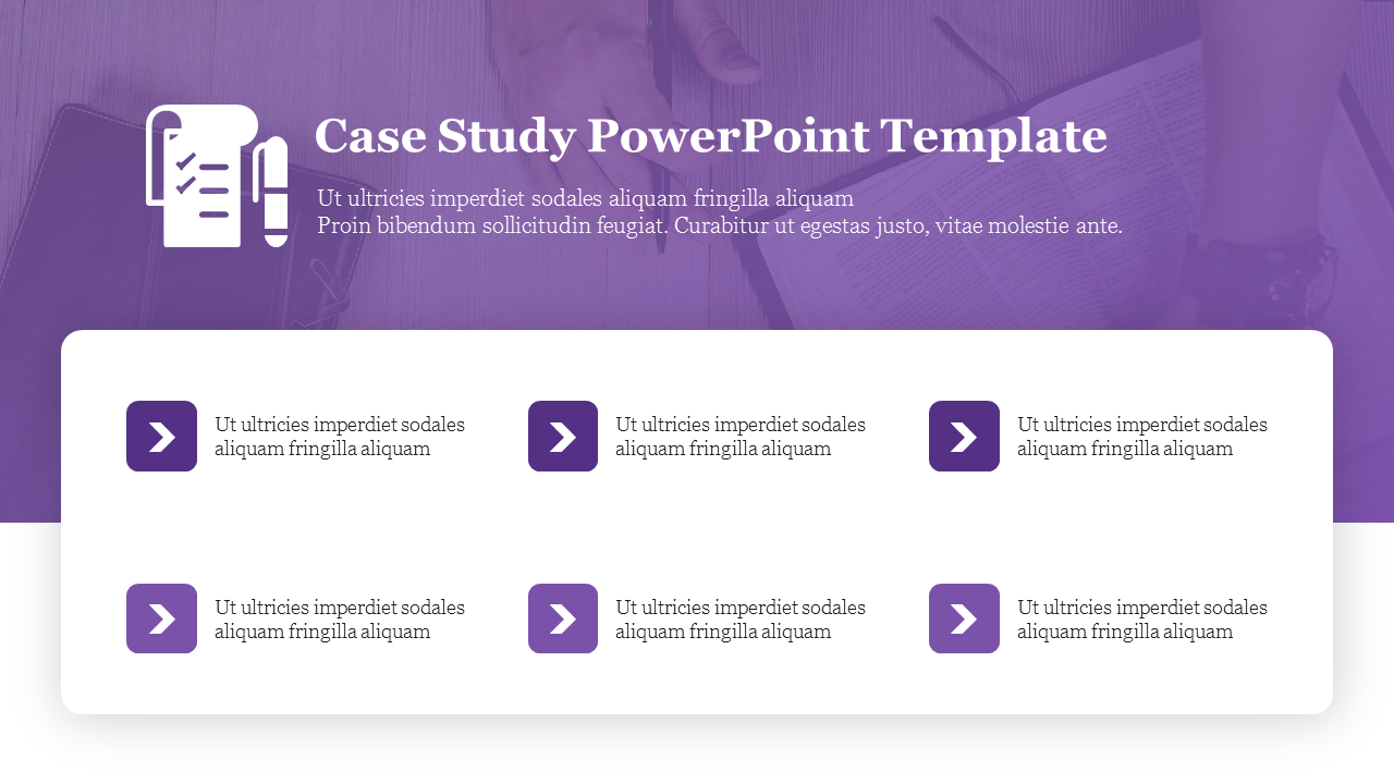 Case study design featuring a checklist icon, title text, and six text placeholders with purple arrow icons.