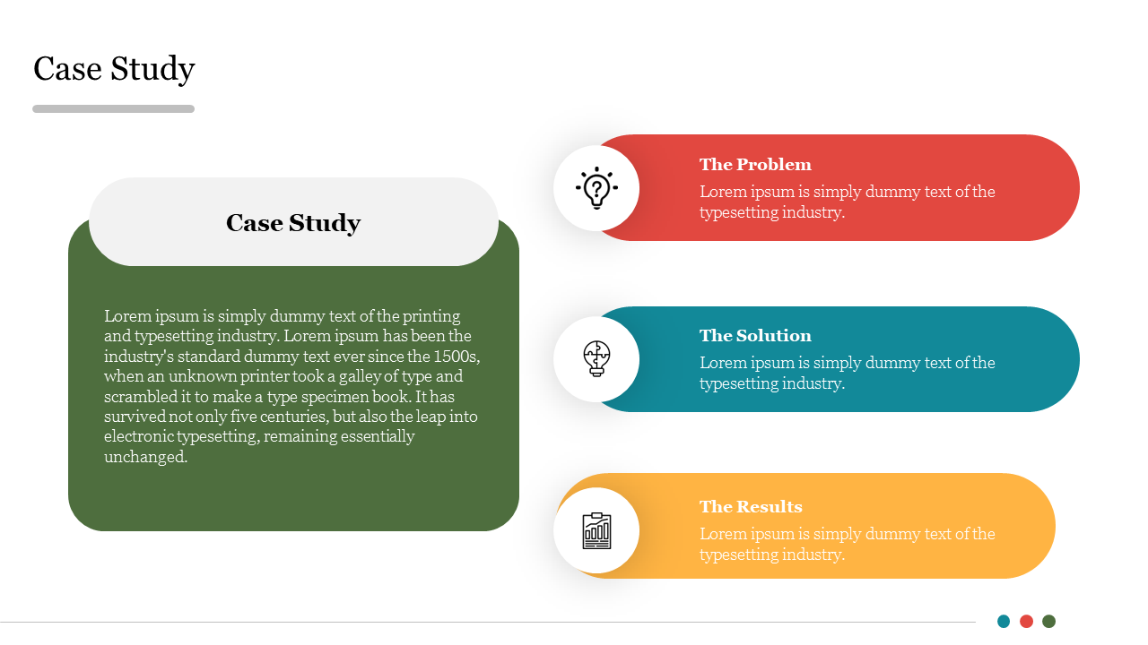 Case study slide featuring sections for the problem, solution, and results in colored blocks with icons and text area.