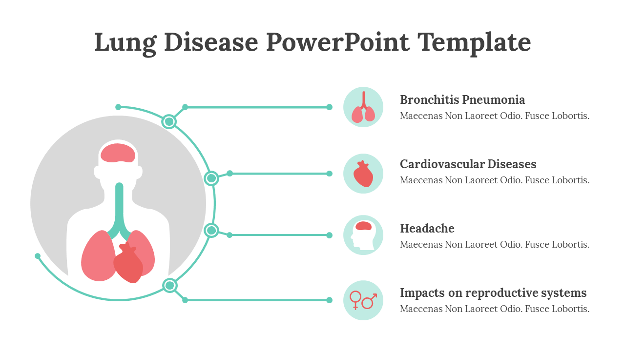 Lung Disease infographic featuring a human silhouette with lungs highlighted and icons for various health impacts.