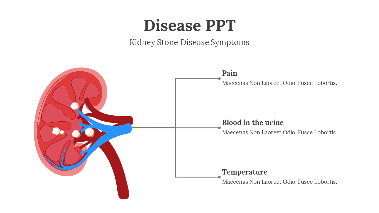 Illustration of a red and blue kidney with symptoms of pain, blood in the urine, and temperature, shown with arrows.