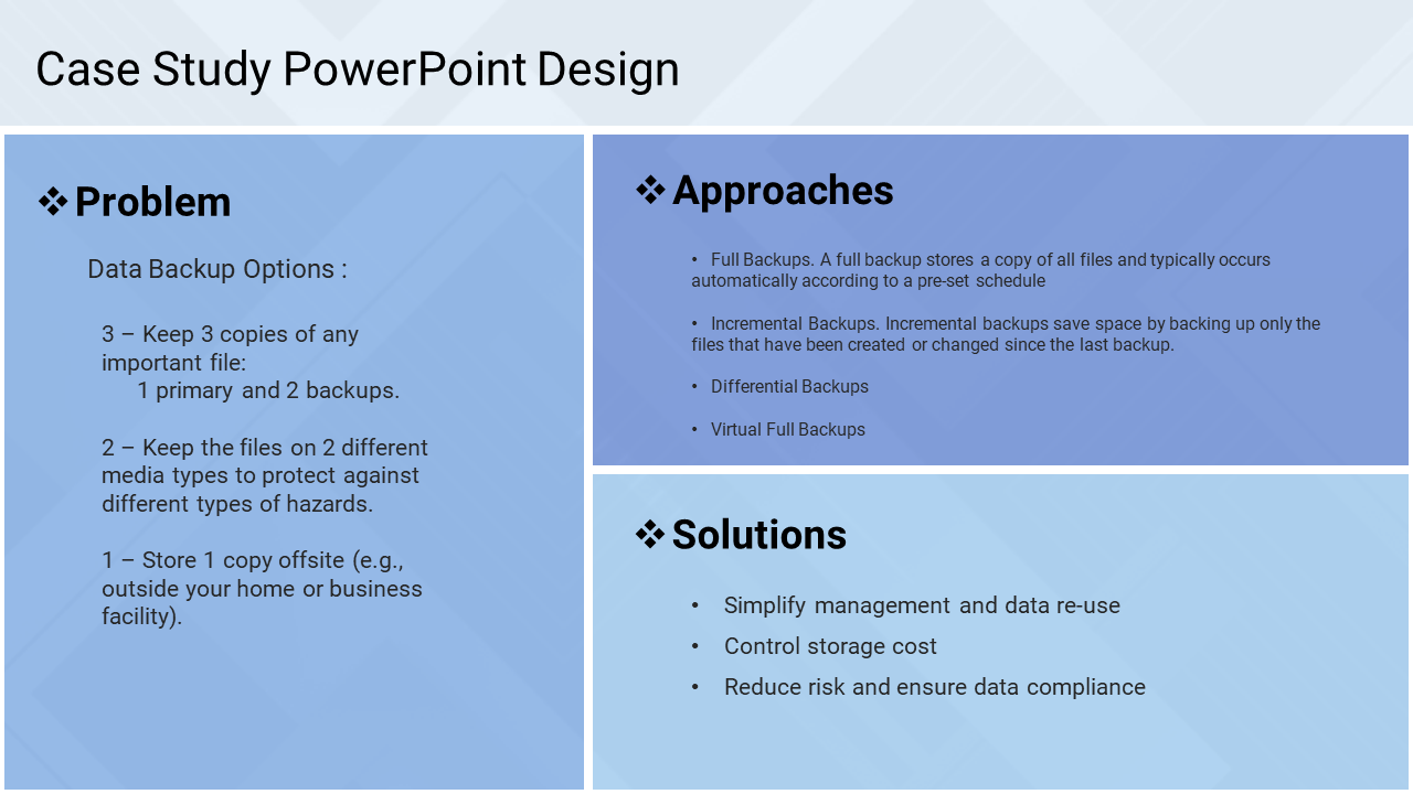 Case study PowerPoint design with sections for problem, approaches, and solutions on a light blue gradient background.