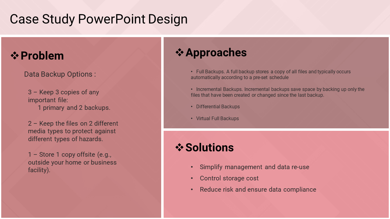 Red themed case study slide featuring problem, approaches, and solutions with bullet points for data backup strategies.