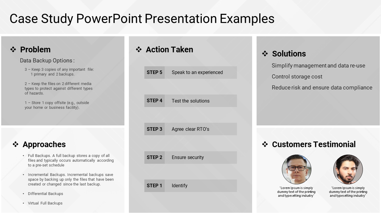 Case study slide with sections for problem, approaches, action taken, solutions, and customer testimonials with text area.