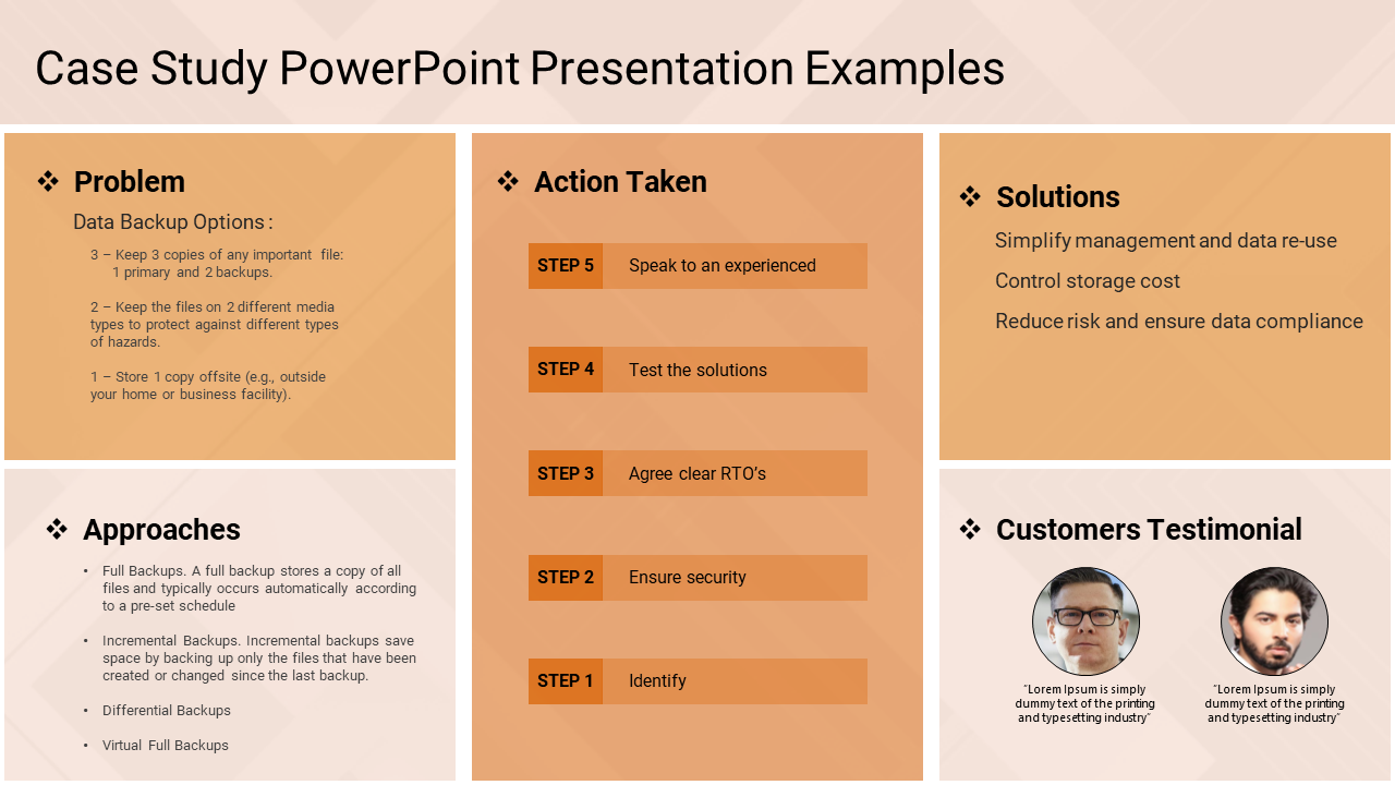 Colorful case study slide showing the problem, approaches, action steps, solutions, and customer testimonials.