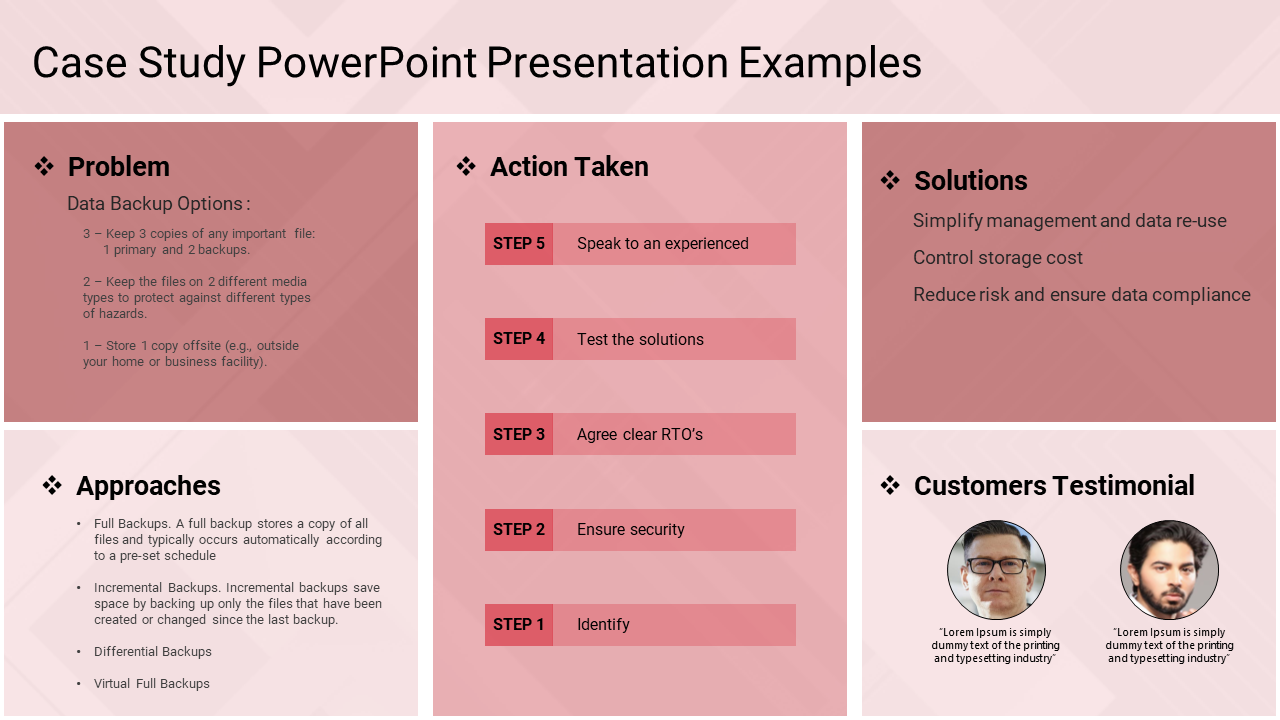 Case study slide with many sections on a pink background with profile photo and text area.