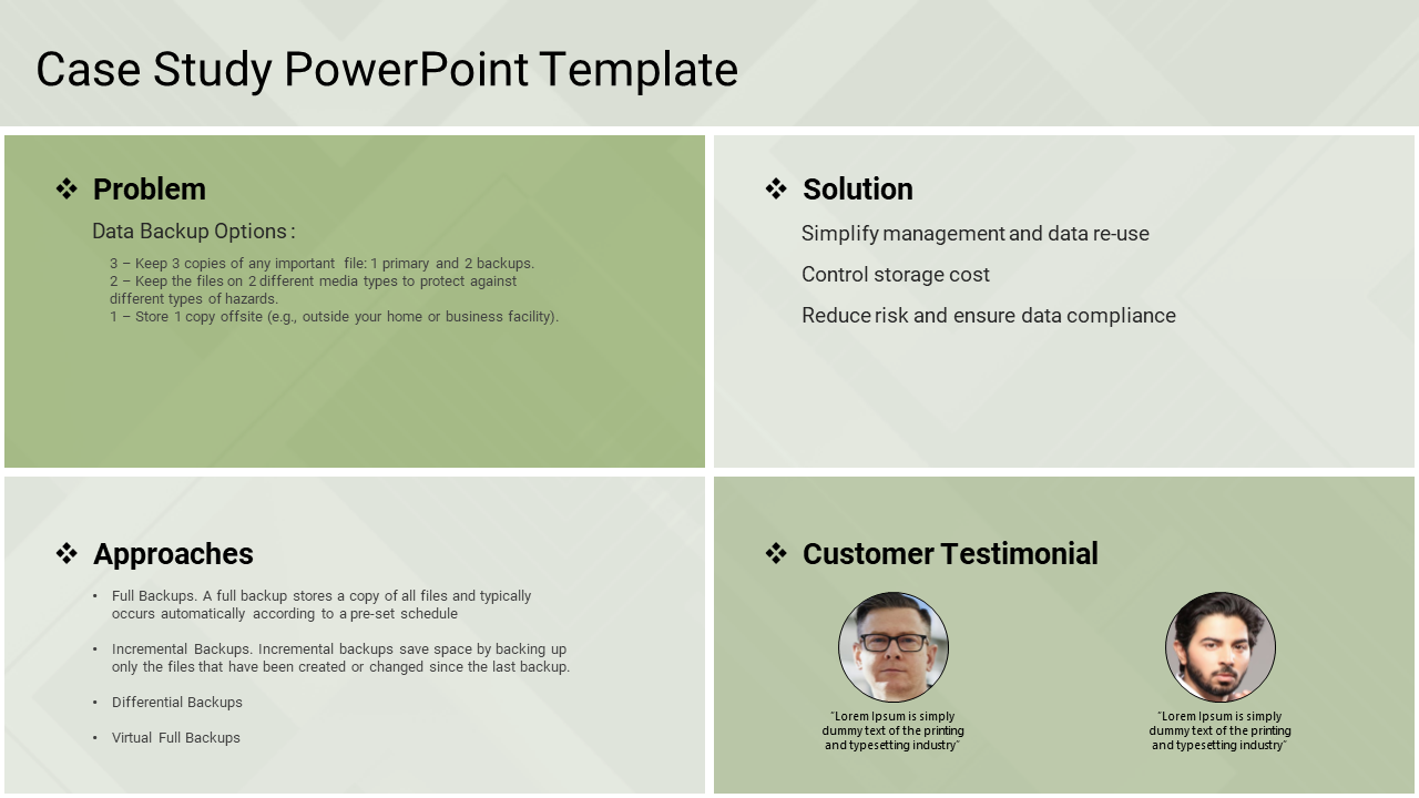 Case study slide featuring data backup options in four sections from problem to customer testimonial with two profile images.