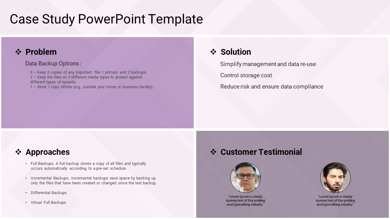 Case study template divided into four quadrants highlighting data backup options, solutions, approaches, and testimonials.