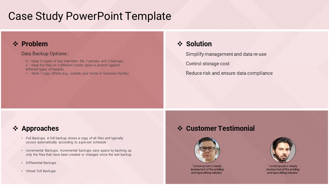 Case study PowerPoint template with sections for problem, solution, approaches, and customer testimonials.