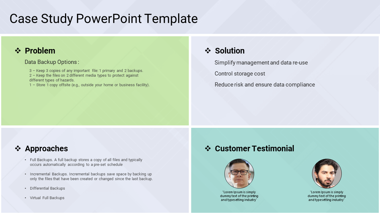 Case study slide with four sections: Problem to customer testimonial including text and two circular images.