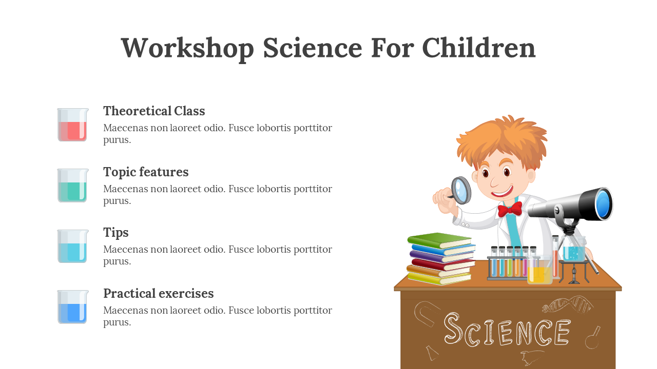 Illustration of a child scientist with a magnifying glass and lab equipment, promoting a children's science workshop.