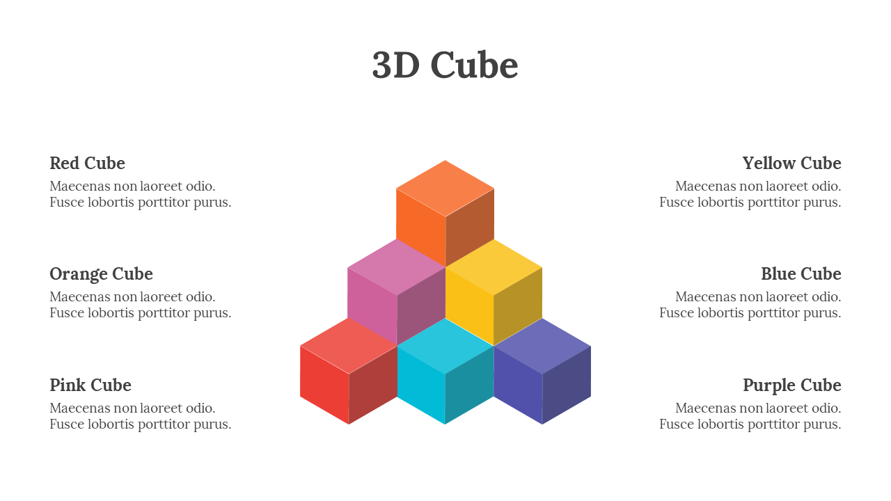 3D stacked cubes in red, orange, yellow, blue, teal, and purple colors, arranged in a pyramid with labeled descriptions.