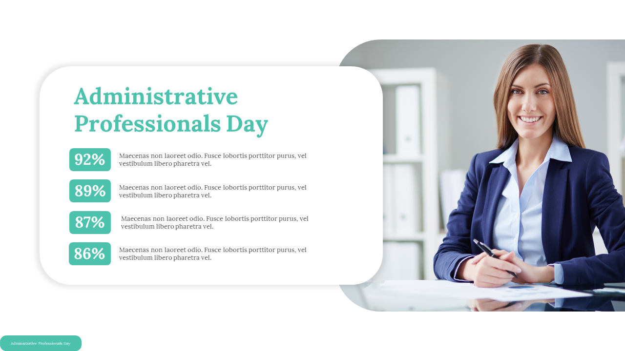 Administrative professionals day template with a photo of a woman and a green-accented text box displaying key figures.