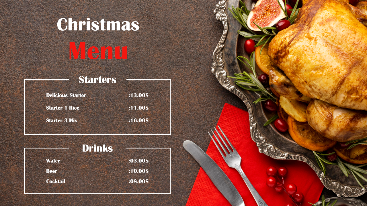 Christmas menu with starters and drinks list alongside a roast turkey garnished with herbs and fruit on a festive platter.