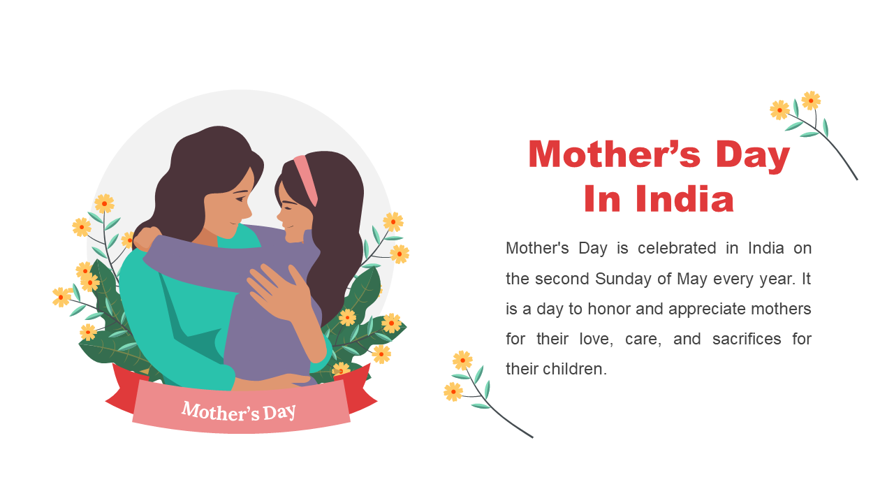 A colorful heartwarming image of a mother and daughter hugging, surrounded by flowers, symbolizing Mother's Day in India.