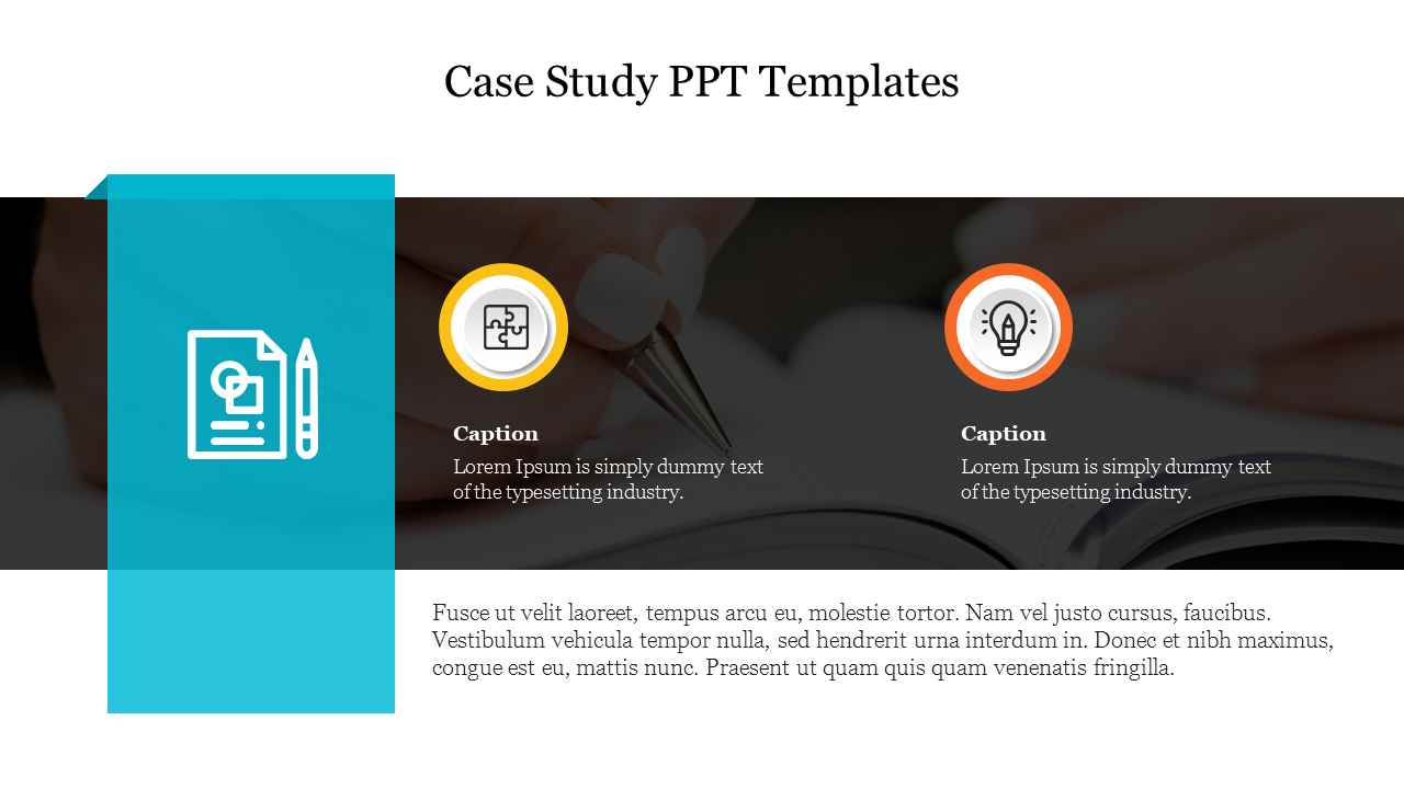 Slide with a blue sidebar featuring a document icon, two captions in yellow and orange circles, and text at bottom.