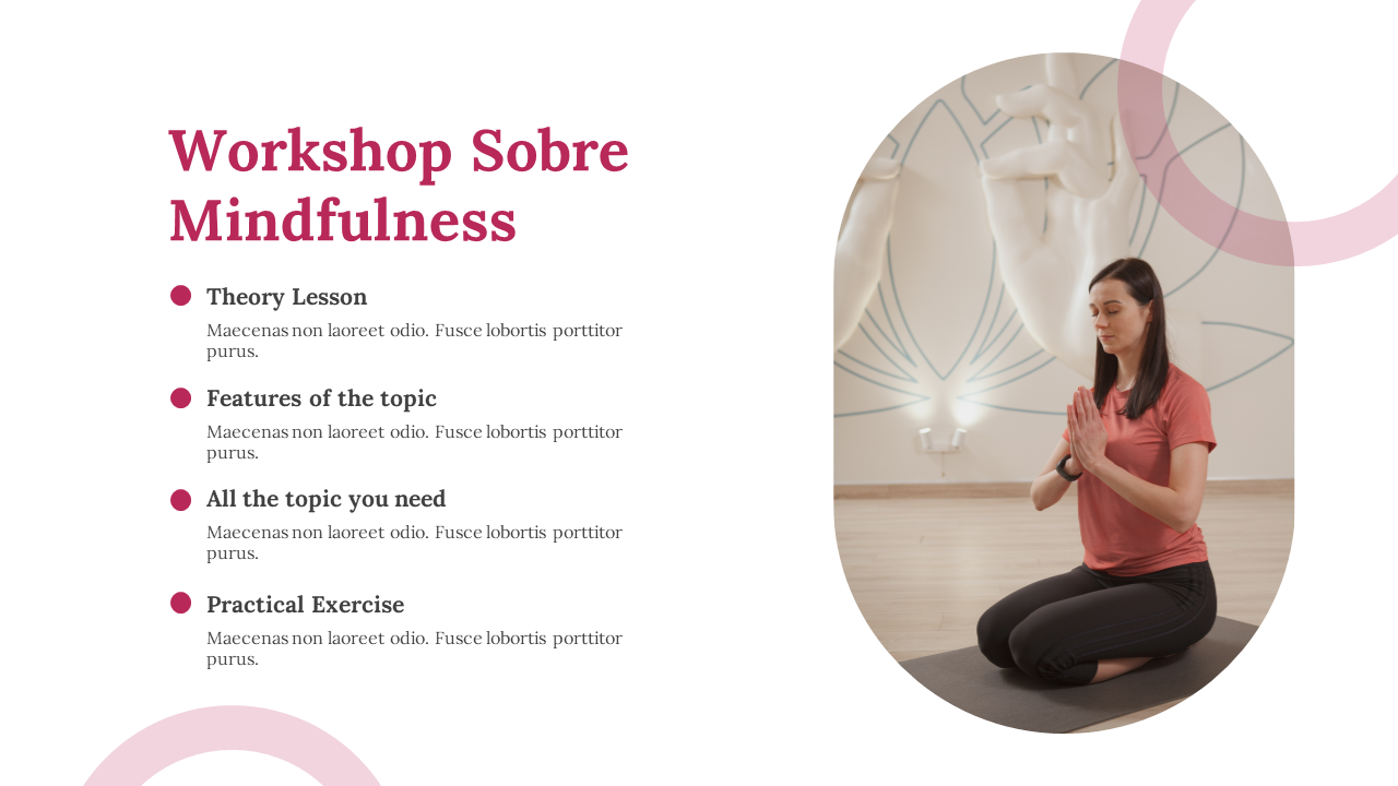 Mindfulness workshop slide with a list of topics and a woman meditating on the right in a round edged frame.