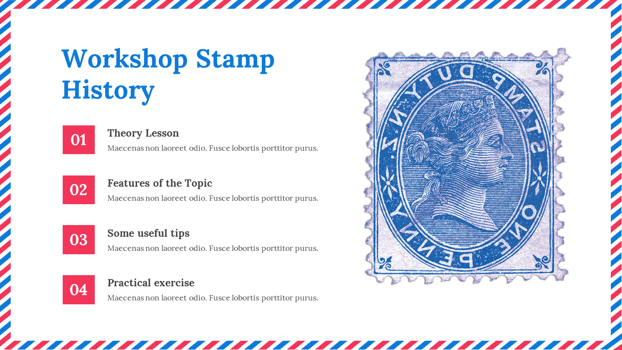 Workshop stamp history slide with a postage stamp image and four numbered points about its history.