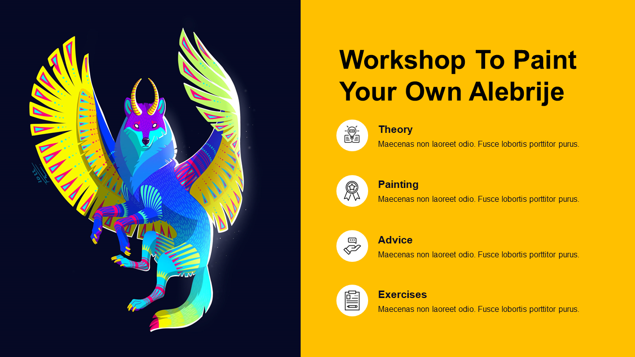 Brightly colored alebrije creature with wings and horns on the left, with a yellow panel listing workshop steps.