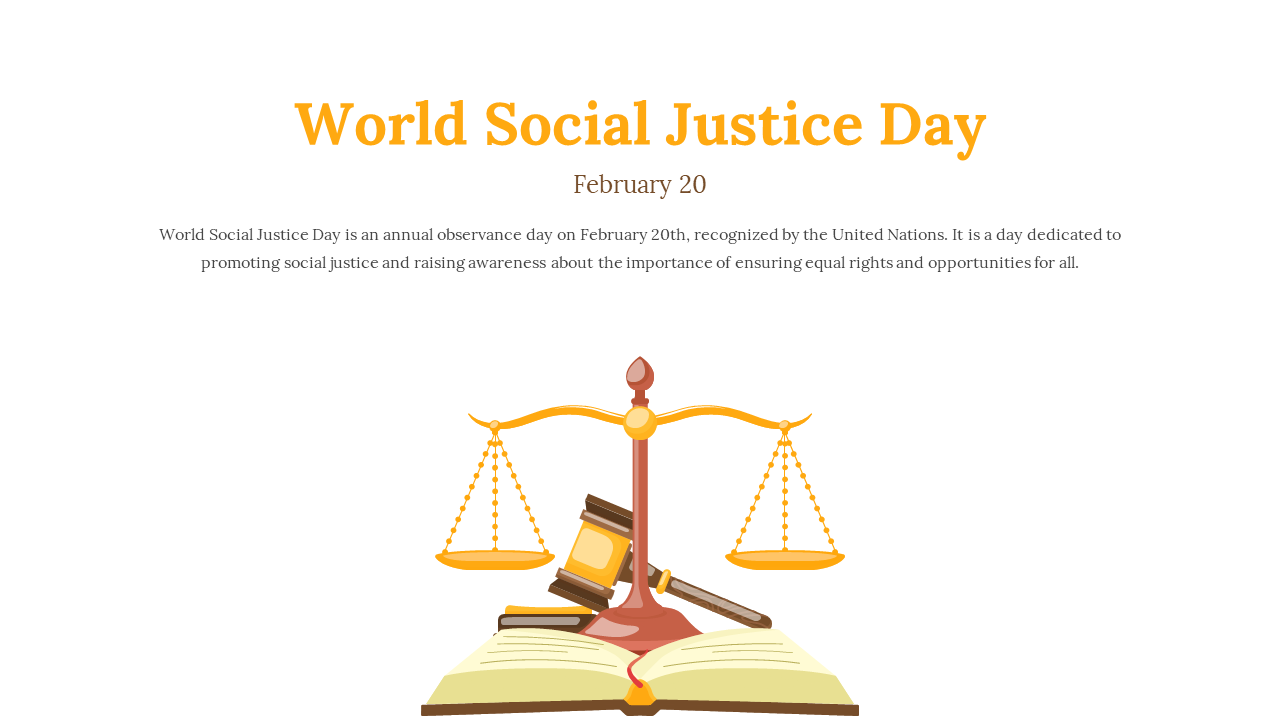 World social justice day slide with scales of justice on an open book, symbolizing equality.