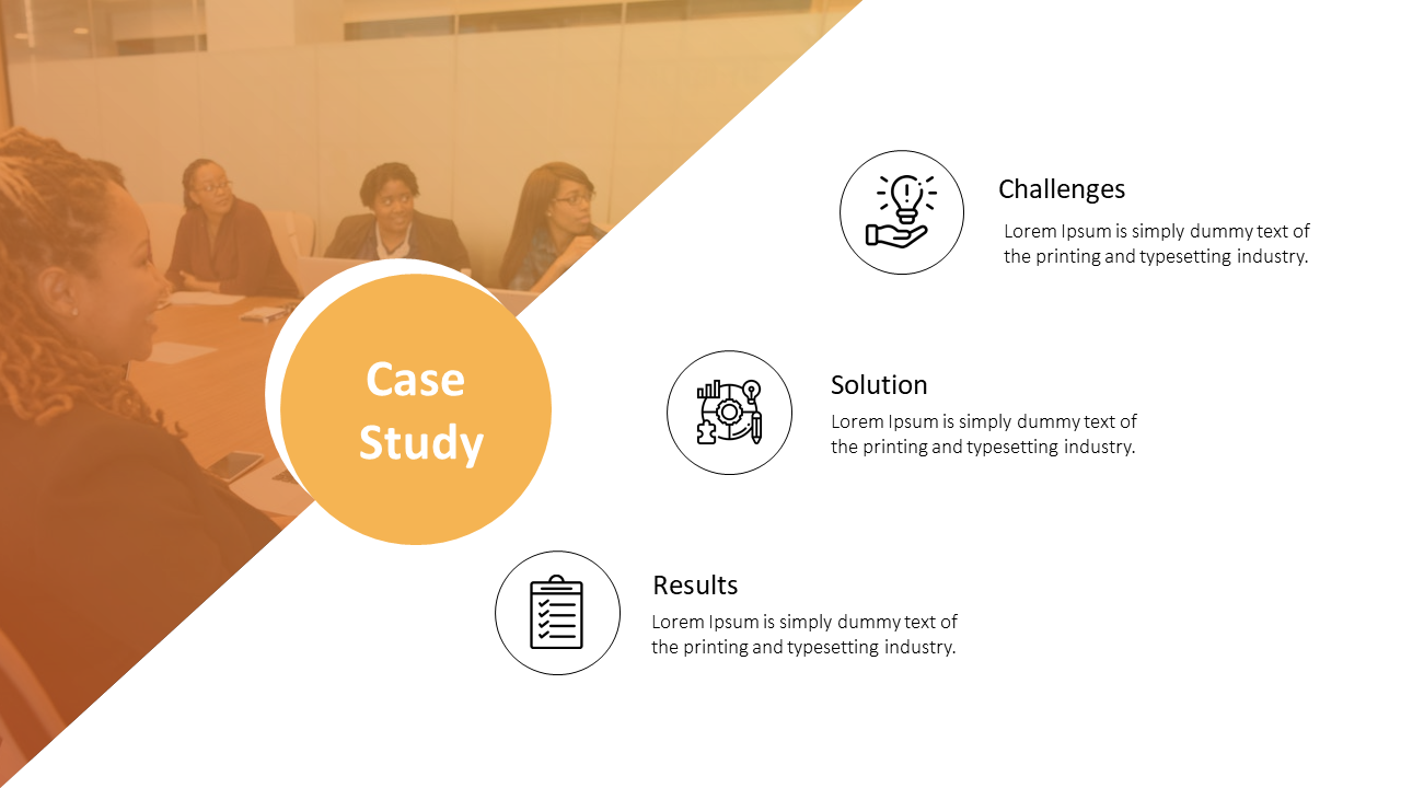 Case study template with three labeled icons and an orange overlay on a team discussion image for a professional look.